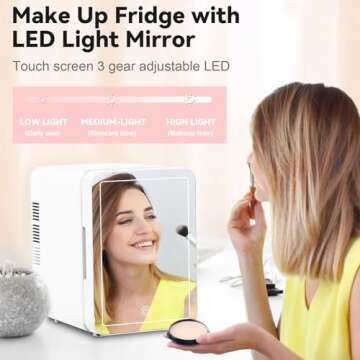KOSGHO Skincare Fridge with Dimmable LED Mirror (4 L/6 Can), Makeup Mini Fridge for Bedroom, Dorm an...