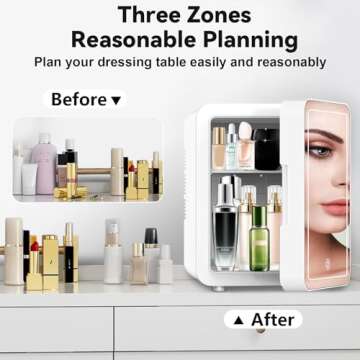 KOSGHO Skincare Fridge with Dimmable LED Mirror (4 L/6 Can), Makeup Mini Fridge for Bedroom, Dorm and Car, Cooler and Warmer, Portable Small Refrigerator for Cosmetics, Skincare and Food, White