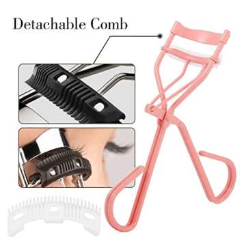 Uranian Eyelash Curlers with Built-in Comb Beauty Eyelashes Curlers Eyelash Cliper with 2 Replacement Silicone Refill Pads Premium Lash Curler Makeup Tool for Women and Girls (1 Pink-White Comb)