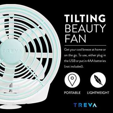 Treva 5 Inch Portable Battery Powered Fan - Personal Desktop 2 Speed Beauty Fan with USB - Quiet, Compact Folding Design with Wall Suction - Travel Ready for Car, Camping, Hotel, Vacation (Mint)