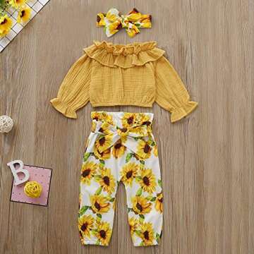 3Pcs Toddler Baby Girl Autumn Clothes Sets Long Sleeve Top Ruffle Blouse Sunflower Pants Headband Ou...