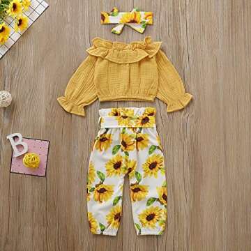 3Pcs Toddler Baby Girl Autumn Clothes Sets Long Sleeve Top Ruffle Blouse Sunflower Pants Headband Outfits (A-Yellow, 3-4 Years)