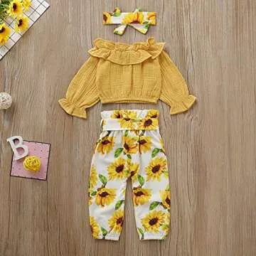 3Pcs Toddler Baby Girl Autumn Clothes Sets Long Sleeve Top Ruffle Blouse Sunflower Pants Headband Outfits (A-Yellow, 3-4 Years)