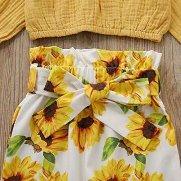 3Pcs Toddler Baby Girl Autumn Clothes Sets Long Sleeve Top Ruffle Blouse Sunflower Pants Headband Outfits (A-Yellow, 3-4 Years)