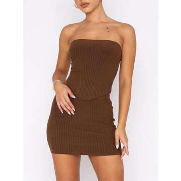 Women Y2k 2 Piece Mini Skirt Sets Solid Color Bandeau Top Knit Bodycon Short Skirt Suit Summer Streetwear