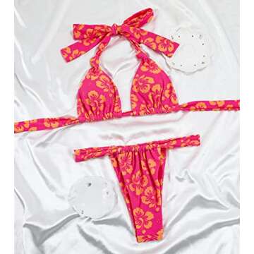 Women Thong Bikini Set Cheeky Halter Triangle String Two Piece Swimsuits Sexy Ruched Brazilian Bathing Suit (Rose Flower,Small)