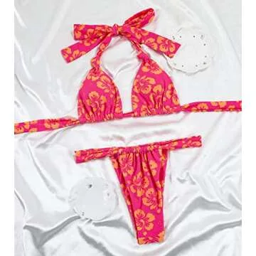 Women Thong Bikini Set Cheeky Halter Triangle String Two Piece Swimsuits Sexy Ruched Brazilian Bathing Suit (Rose Flower,Small)