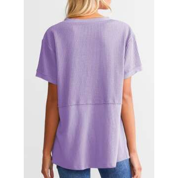 SHEWIN Womens Shirts Casual Waffle Knit Top Loose V Neck Short Sleeve T Shirt Business Work Tunic Summer Tops for Women Trendy 2025,US 4-6(S),Purple