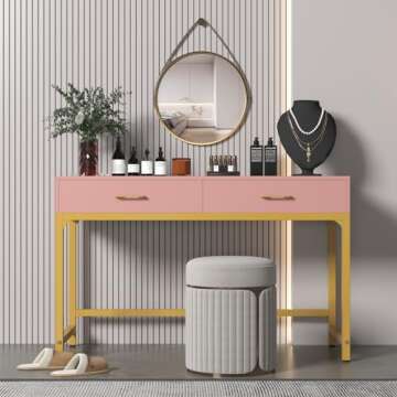 WESTREE Women Makeup Vanity Desk with 2 Drawers - Bedroom Home Office Desk, Wooden Height Monitor Stand & Storage Shelf Without Mirror, Pink Table Great Gift for Her