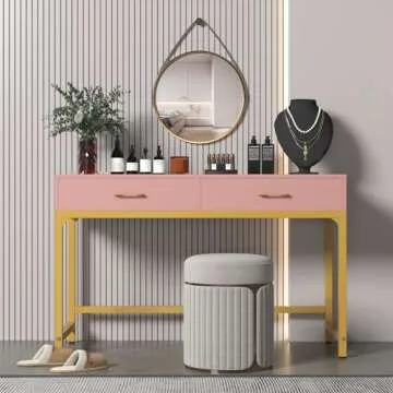 WESTREE Women Makeup Vanity Desk with 2 Drawers - Bedroom Home Office Desk, Wooden Height Monitor Stand & Storage Shelf Without Mirror, Pink Table Great Gift for Her