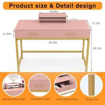 WESTREE Women Makeup Vanity Desk with 2 Drawers - Bedroom Home Office Desk, Wooden Height Monitor Stand & Storage Shelf Without Mirror, Pink Table Great Gift for Her