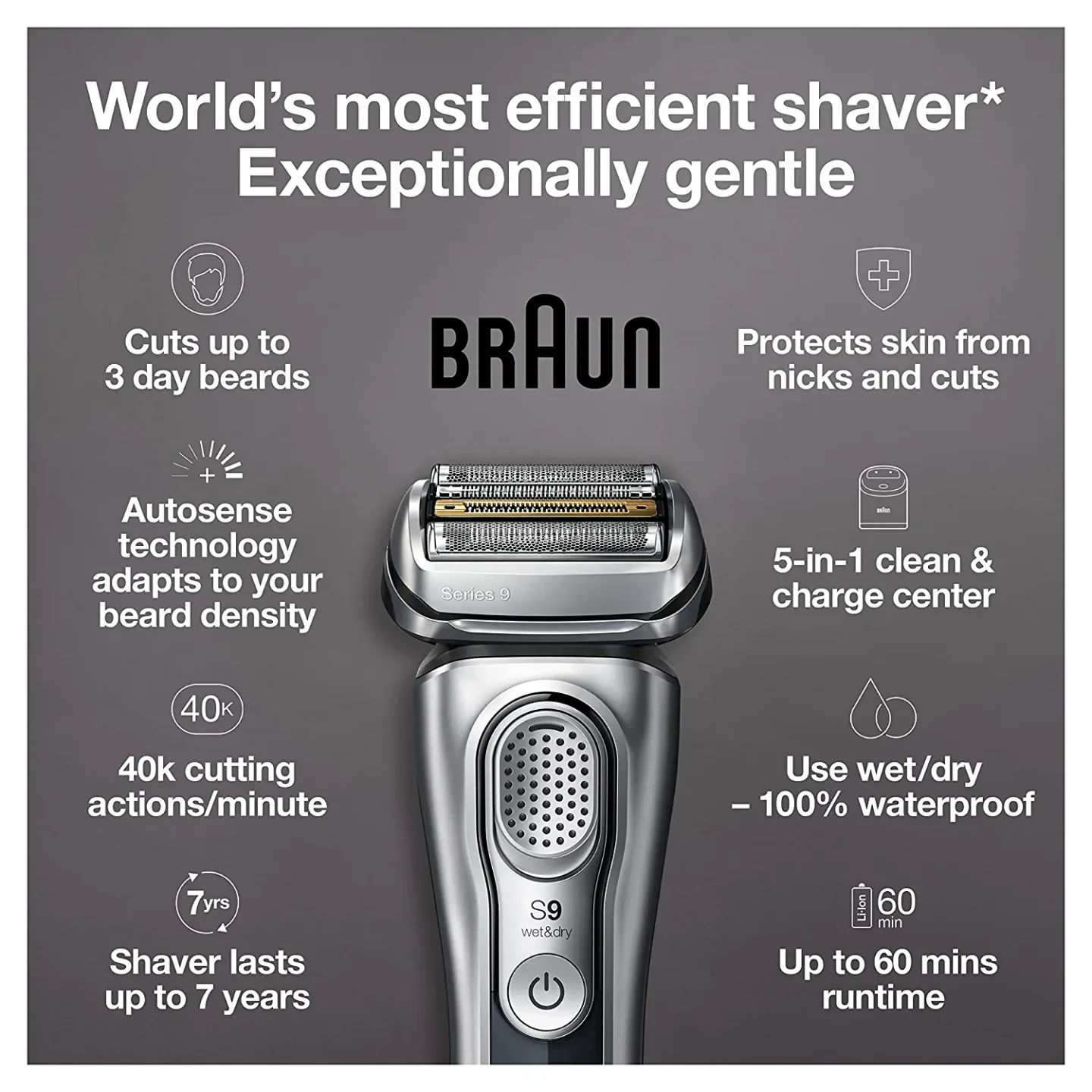 Braun Series 9 9390cc Electric Razor for Men - Silver
