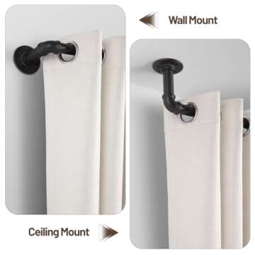 Zeerobee Curtain Rods for Windows 66 to 120, 1 Inch Industrial Wrap Around Black Curtain Rod, Indoor/Outdoor Room Divider Adjustable Drapery Pole, 66"-120"
