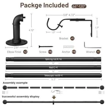 Zeerobee Curtain Rods for Windows 66 to 120, 1 Inch Industrial Wrap Around Black Curtain Rod, Indoor/Outdoor Room Divider Adjustable Drapery Pole, 66"-120"