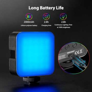 NEEWER RGB LED Video Light, RGB 360 Camera Light with 3 Cold Shoe and Diffuser, CRI 97+, 20 Scene Modes, 2500K~8500K, Rechargeable Battery 2000mAh
