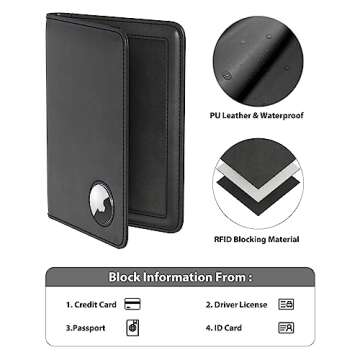 Stouchi AirTag Passport Holder, Slim Passport Holder Family with Airtag Slot, RFID Passport Wallet Cover for Men, PU Leather Passport Case, Anti-Lost Travel Accessories, Black
