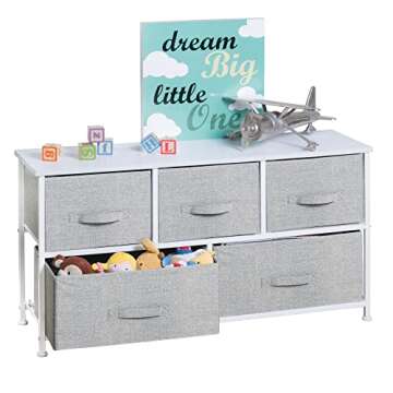 mDesign Extra Wide Dresser Storage Tower - Sturdy Steel Frame, Wood Top, Easy Pull Fabric Bins - Organizer Unit for Bedroom, Hallway, Entryway, Closets - Textured Print - 5 Drawers - Gray/White