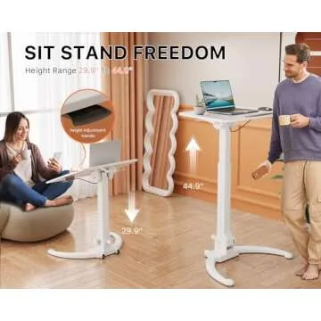 JOY Worker Foldable Mobile Standing Desk, Height-Adjustable Sit-Stand with 90 Tiltable Top, Portable with Wheels, Non-Slip Mat for Home Office, Holds Up to 22lbs, White