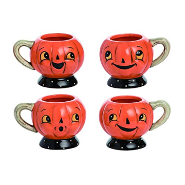 Johanna Parker Design Dolomite Set of 4 Jack O' Lantern Pumpkin Coffee or Tea Mugs