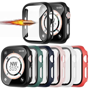 6 Pack Hard Case Compatible for Apple Watch Series 9/8/7 45mm with Built-in Tempered Glass Screen Pr...