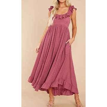 R.Vivimos Summer Dress for Women Sleeveless Boho Ruffle Square Neck Tie Back Casual Backless Flowy M...