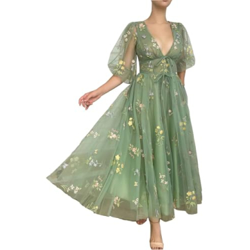 Xijun Flower Embroidery Tulle Puffy Sleeve Formal Evening Gowns for Womens Backless V Neck Prom Dres...