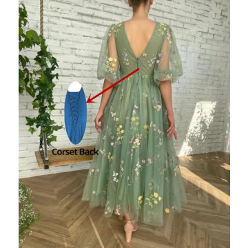 Xijun Embroidered Tulle Puffy Sleeve Evening Gown US16