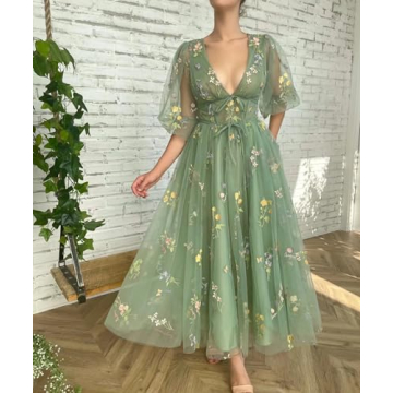 Xijun Embroidered Tulle Puffy Sleeve Evening Gown US16