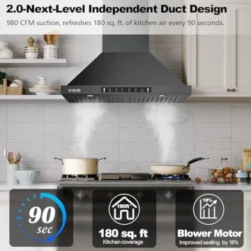 VIKIO HOME Black Wall Mount Range Hood 30 Inch, Stainless Steel Kitchen Range Hood 980 CFM Ducted/Du...