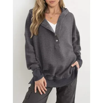 PRETTYGARDEN Fall Tops for Women 2024 Button Up Oversized Hoodie Sweatshirt Lightweight Loose Fit Long Sleeve Pullover Tops(Dark Grey,Small)