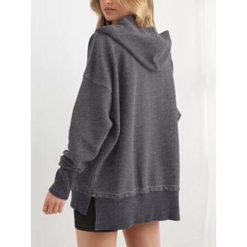 PRETTYGARDEN Fall Tops for Women 2024 Button Up Oversized Hoodie Sweatshirt Lightweight Loose Fit Long Sleeve Pullover Tops(Dark Grey,Small)