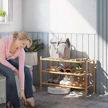 BAMFOX 3-Tier Shoe Rack,Bamboo Stackable Shoe shelf Storage Organizer For Entryway, Hallway, and Closet