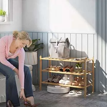 BAMFOX 3-Tier Shoe Rack,Bamboo Stackable Shoe shelf Storage Organizer For Entryway, Hallway, and Closet