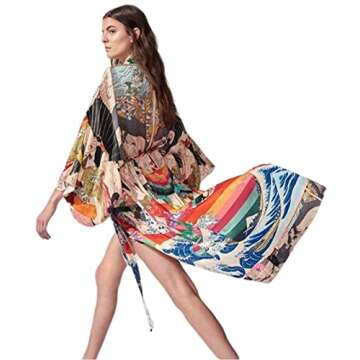 RanRui kimonos women‘s floral print plus size swimsuit cover ups fast dry long sleeve Loose open f...