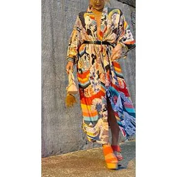 RanRui kimonos women‘s floral print plus size swimsuit cover ups fast dry long sleeve Loose open front bathing suit cover ups even kimonos robe dusters beach cover up with belt (281)