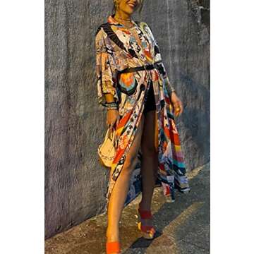 RanRui kimonos women‘s floral print plus size swimsuit cover ups fast dry long sleeve Loose open front bathing suit cover ups even kimonos robe dusters beach cover up with belt (281)