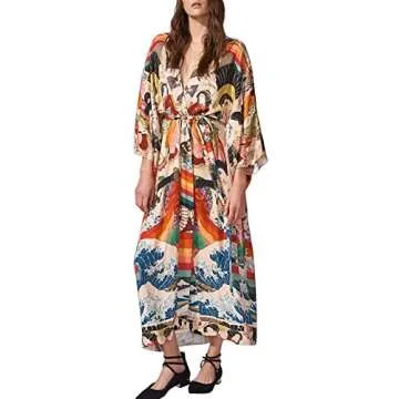 RanRui kimonos women‘s floral print plus size swimsuit cover ups fast dry long sleeve Loose open front bathing suit cover ups even kimonos robe dusters beach cover up with belt (281)