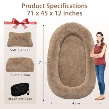 ROOMTEC Human Dog Bed, 71''x45''x12'' Size Fits Adult and Pet Washable Giant People Dog Bed 10 CM Thick Memory Foam Large Oversize Dog Bed with Plump Pillow, Blanket, Strap - Khaki