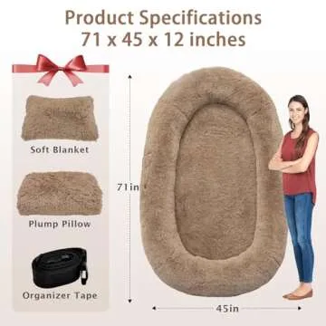ROOMTEC Human Dog Bed, 71''x45''x12'' Size Fits Adult and Pet Washable Giant People Dog Bed 10 CM Thick Memory Foam Large Oversize Dog Bed with Plump Pillow, Blanket, Strap - Khaki