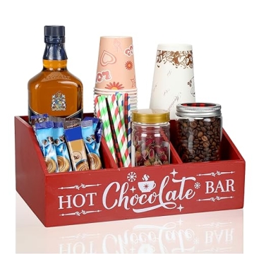 Barydat Christmas Hot Cocoa Bar Wood Coffee Station Organizer Countertop with 4 Compartment for Kitc...