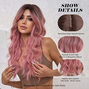 OMELPIS Pink Wig for Women Long Ombre Brown to Pink Wavy Curly Synthetic Wigs with Bangs Middle Part...
