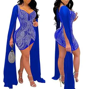 PORRCEY Women's Sexy Hot Drilling Craft Dress Long Sleeve Bodycon Party Club Night Out Dress(5332,Blue,L)