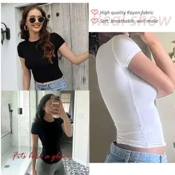 Dwnval Women Sexy Basic T Shirts Tops Spring Summer Short Sleeve Crewneck Slim Fit Cute Crop Top Blouses(White, S)
