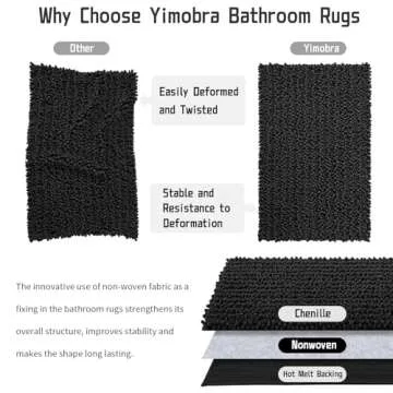 Yimobra Bath Rug Mat, 32 x 20, Soft Shaggy Non-Slip Chenille Bathroom Rugs, Large Size, Super Absorbent and Thick, Machine Washable Bathroom mat, Tub and Shower, Home Decor Accessories, Black