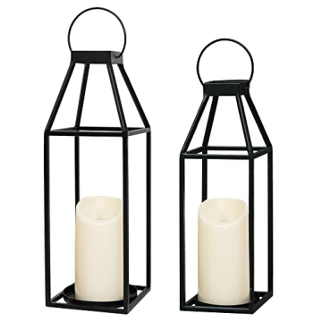 HPC Decor Black Metal Candle Lanterns Set of 2- Lanterns Decorative with Flickering Timer Candles- 1...