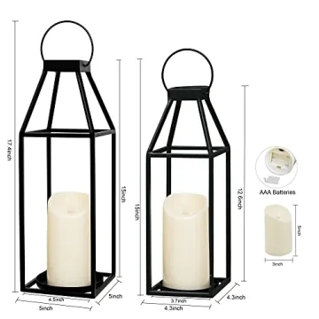 HPC Decor Black Metal Candle Lanterns Set of 2- Lanterns Decorative with Flickering Timer Candles- 17.4'' & 15'' Rustic Farmhouse Lanterns Candle Holder for Indoor, Outdoor, Tabletop (No Glass)