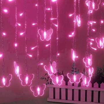 Curtain Butterfly String Light 20Ft 120LED Window USB Fairy Lights 24 Butterfly 8 Modes with Remote Control for Room Bedroom Patio Party Wedding Holiday Christmas Decoration (Pink)