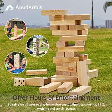 ApudArmis Giant Tumble Tower (Stack from 2Ft to Over 4.2Ft), 54 PCS Pine Wooden Stacking Timber Game with 1 Dice Set - Classic Block Giant Outdoor Game for Teens Adults Family
