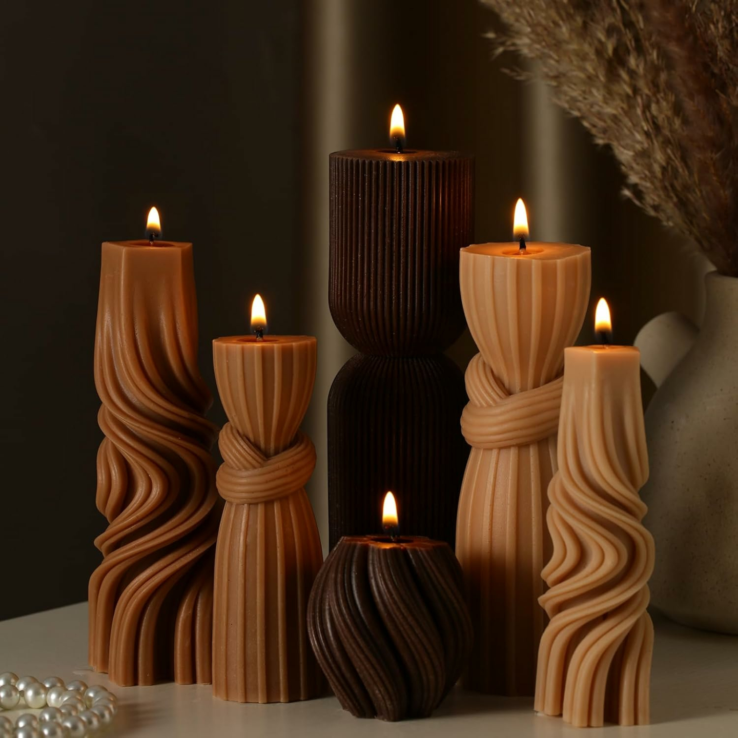 Modern Ribbed Pillar Candles Set for Home Decor