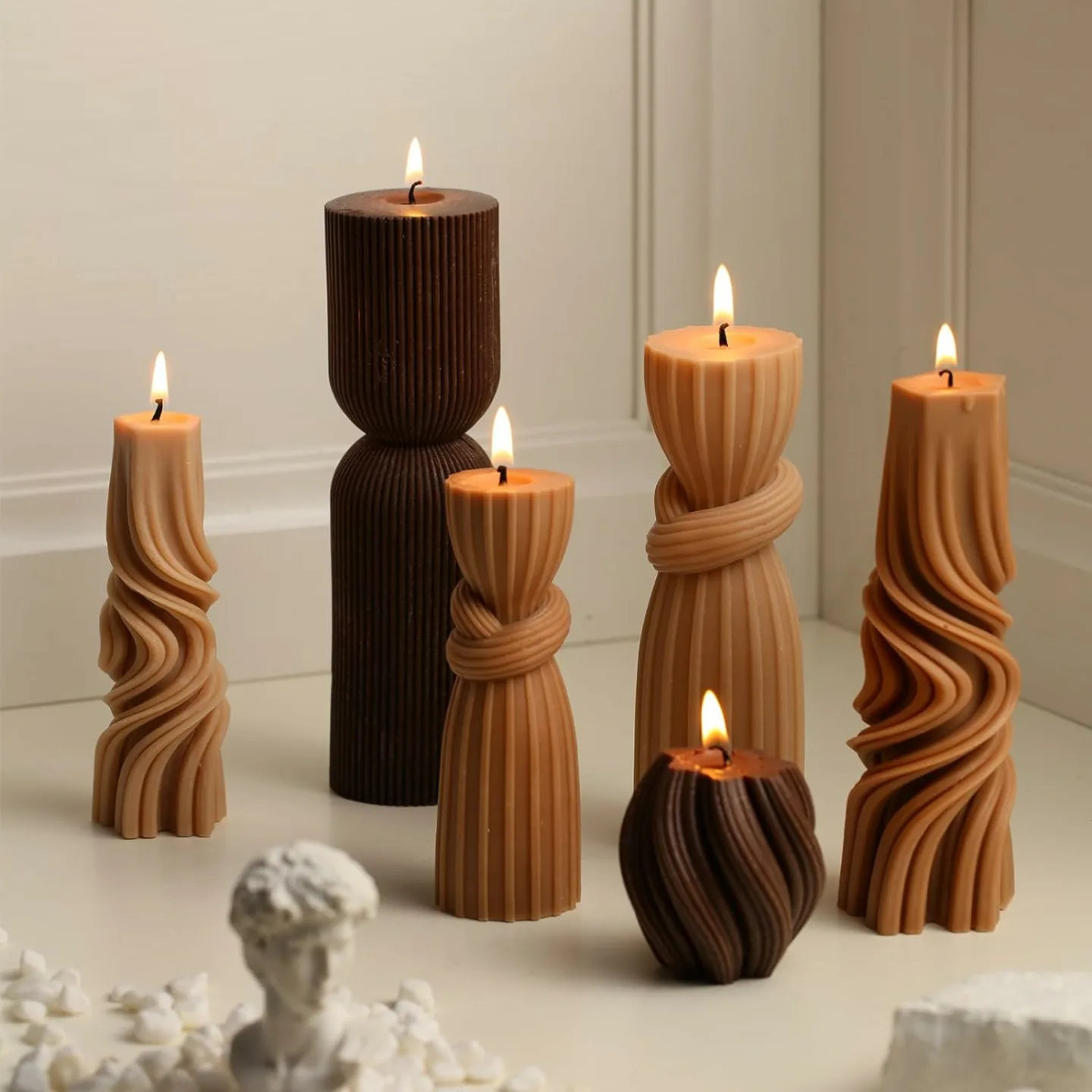 Modern Ribbed Pillar Candles Set for Home Decor